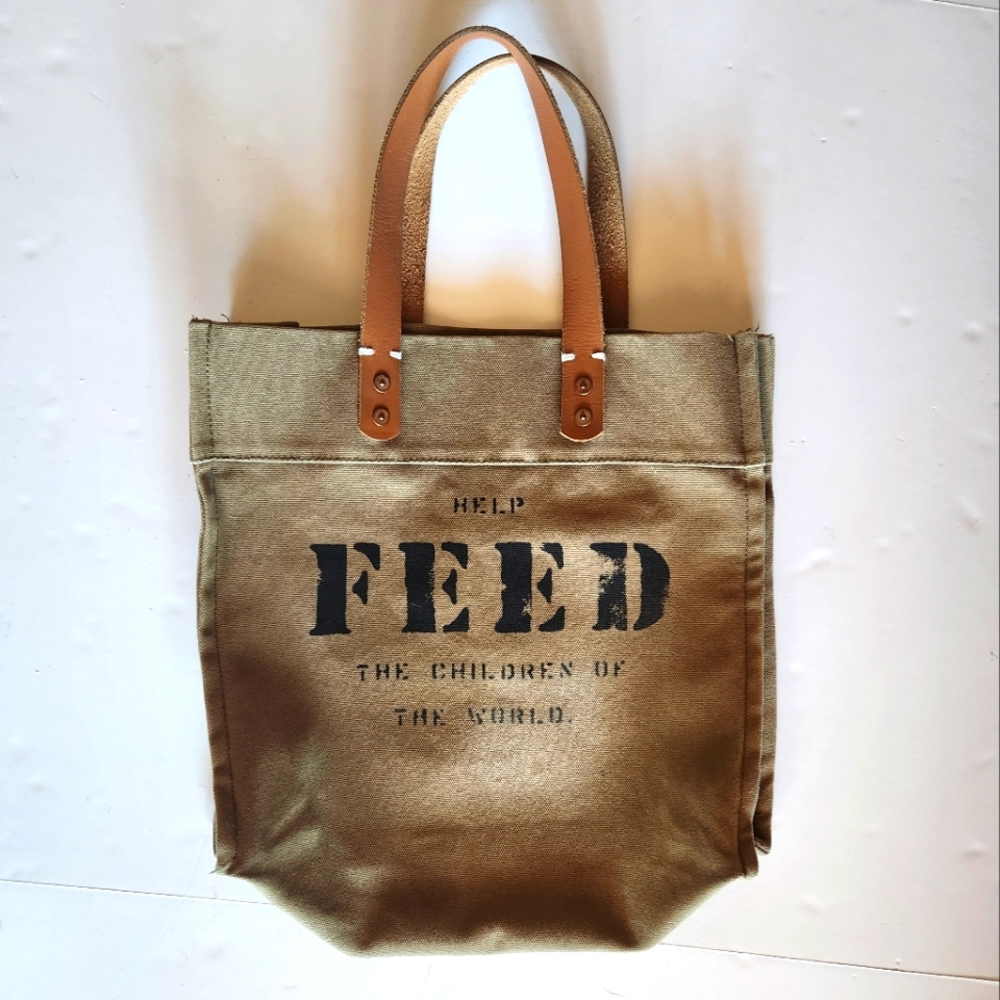 FEED brand "Feed the Children" Market Tote Olive Canvas and Brown Leather Handle